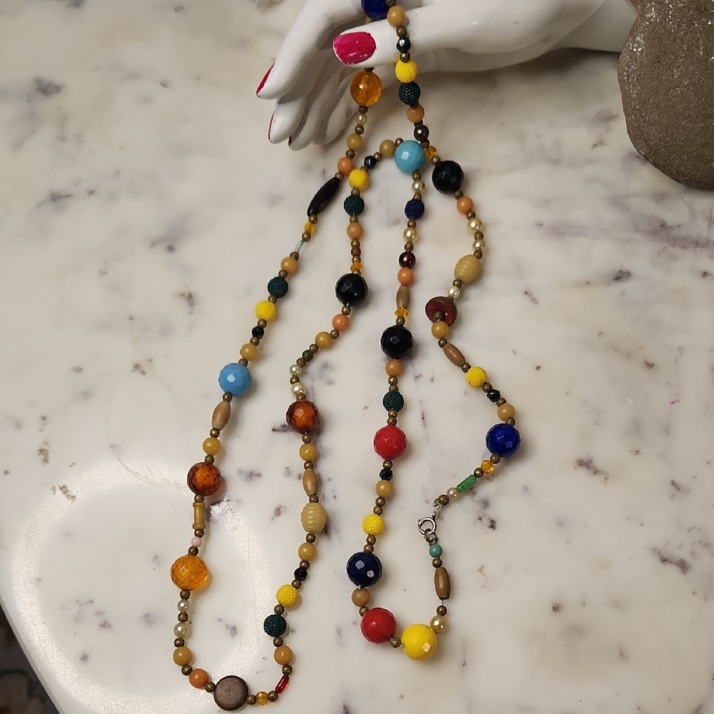 Antique | Flapper Necklace Beaded,Stone,Glass,Lucite Amber,Acrylic Vibrant